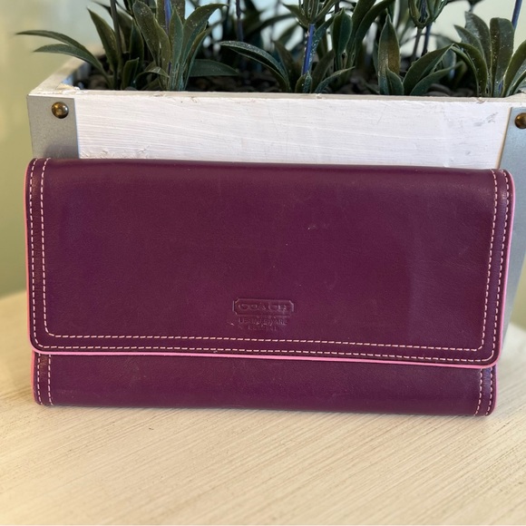Coach Leather Long Tri-Fold Purple/Plumb and pink Wallet - Picture 1 of 8